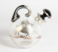 A GOOD GLASS LIQUER DECANTER AND STOPPER with two silver applied polo players