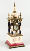 A SUPERB VIENNA PORCELAIN AND GILT METAL PILLAR CLOCK painted with cupids with blue and gilt