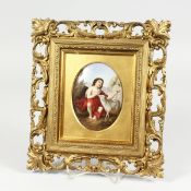 A GOOD CONTINENTAL OVAL PORCELAIN PLAQUE, young boy with a lamb, behind glass in a gilt frame. 4.5 x