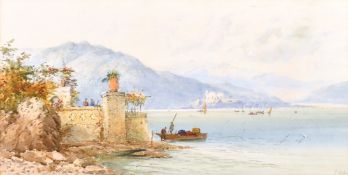 Frank Catano (1880-1920) Italian, figures at a coastal villa with sailboats on the lake beyond,