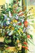 L. Clayton (20th century) A still life of abundant mixed flowers in an urn, oil on canvas, signed,