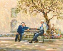 Cecil Cooke (20th century), A Continental impressionist scene of two men sitting on a bench, oil