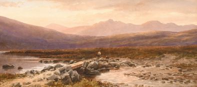 Ebenezer Alfred Warmington (1830-1903) British, A figure and his dog crossing a moorland river,