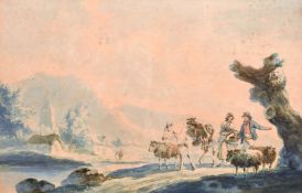 Peter la Cave (1790-1810) British, two figures escorting their flock along a riverside path with a