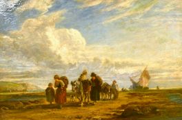 Attributed to William Underhill (act. 1848-1870) British, Figures, horses and a dog on a beach, with