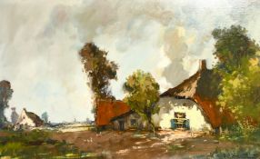 Henri Joseph Pauwels (1903-1983) Belgian, Farm buildings with chickens in the yard, oil on canvas,