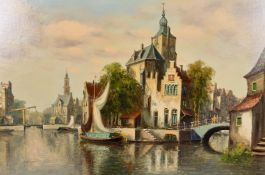 Hendrick Ten Hoven (b. 1901) Dutch, A canal scene with a barge drying sails, oil on canvas,