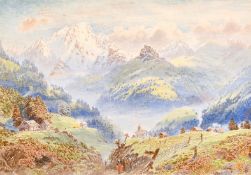 Charles Jones Way (1834-1919) British, Wayfarers conversing by fields in an Alpine landscape,