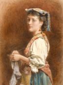 George Goodwin Kilburne (1839-1924) British, A study of a young lady Knitting, watercolour, signed