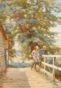 Charles Haigh-Wood (1854-1927). Children on a bridge with trees beyond, watercolour, signed, 19