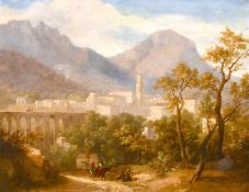 19th century continental school, Wayfarers resting by a pathway with a town and viaduct in the