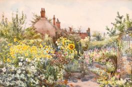 Early 20th century British school, A country cottage with a garden in full bloom, watercolour, 13.5