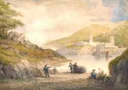 J. C. Sherbey, 19th century school, A scene of figures on a shore boarding a boat with a lake and