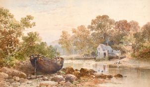 William Cook of Plymouth (19th century) British, Scene of a beached boat by a river with figures and