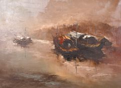 Ngai Sing (Mid-20th century) Chinese junks in calm waters with mountains beyond, oil on canvas,