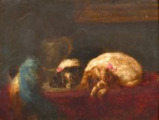 19th/20th After Landseer, 'The Cavalier's Pets', A scene of two resting dogs, oil on panel, 6.25
