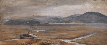 Late 19th century school, a scene of a beached boat at low tide with hills beyond, oil on canvas,