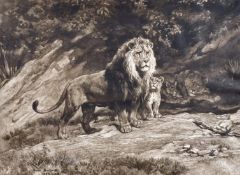 Herbert Dicksee (1862-1942) After Rosa Bonheur, A family of lions, etching, signed in pencil, 19