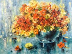 20th century Continental school, A still life study of mixed flowers and a lemon, oil on canvas,