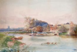 Henry Charles Fox (b.1860) British, A view across a river with buildings and a church beyond,