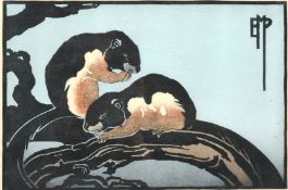 Ethleen Palmer (1906-1958) Australian, 'Malay Squirrels', Linocut, signed inscribed and dated '1934'