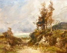 Carl Brennir (1850-1920) British, A scenic path leading to a lake with sheep grazing, oil on