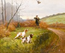 Eugene Petit (1839-1886) French, A pair of oil on canvas scenes of a huntsman and his dogs, each