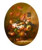 20th century school, A still life of mixed flowers on a marble ledge, oil on canvas, 30