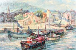 John Clymen (20th century) A scene of boats moored at a busy Continental town quay, oil on canvas,