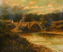 J. S. Hall early 20th century, A river landscape with a river and cottages beyond, oil on canvas,