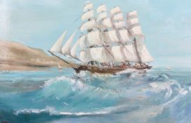 R. Fowler (20th century) British, A clipper at full sail off a headland, oil on canvas, signed,