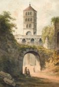 Circle of Richard Wilson (1713-1782) British, figures by an archway with a tower beyond,