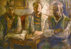 Emiel Hansen (b. 1878) Danish, A scene of three male figures in a tavern, oil on panel, signed and