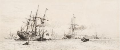 W. L. Wyllie (1851-1931) British, An etching of shipping on a busy river, 4.75
