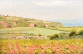 Robert Morson Hughes (1873-1953) British, Farm buildings by the coast with wildflowers in the