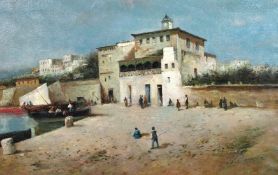 20th century school, Figures and boats by a lagoon with Eastern buildings beyond, oil on canvas,