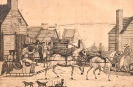C. Circle of C. Krieghoff, a scene of a fur traders' station with figures on a horse drawn sled, pen