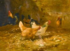 19th century school, A pair of oil on board scenes of chickens in a barn, oil, each 6