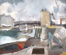 Phyllis Bray (1911-1991) British, 'River Scene', A boat moored on an industrial quayside, oil on