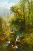 William Widgery (1822-1893) British, Figures approaching a bridge by a waterfall with trees and