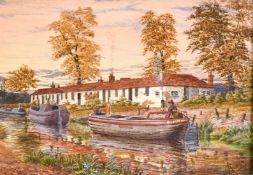 Late 19th century school, The barge 'Nellie' on the canal with other barges and buildings beyond,