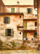 20th century Continental school, exterior view of Continental housing, oil on board, signed and