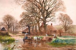 Henry Charles Fox (1855-1929) British, A figure on a horse and cart crossing a stream with buildings