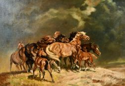 Early 20th century school, A scene of wild horses sheltering from a storm, oil on canvas,