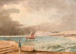 19th century French school, a coastal scene with a soldier walking along the promenade with boat and