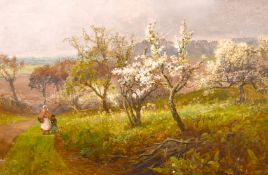 19th/20th century school, Landscape scene of figures on a country path leading through wooded