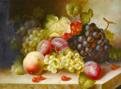R. Casper (20th century) A still life of fruit and vines on a marble shelf, signed, oil on panel,