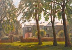 John Brown (1887-1966) British, A scene of a country house with trees in the foreground, oil on