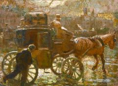 French Impressionist school, circa 1910, a figure walking by a coach and horses with a city