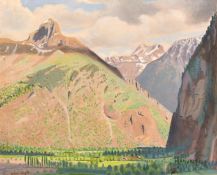 Robert Morson Hughes (1873-1953) British, Buildings in an Alpine valley, oil on board, signed, 13